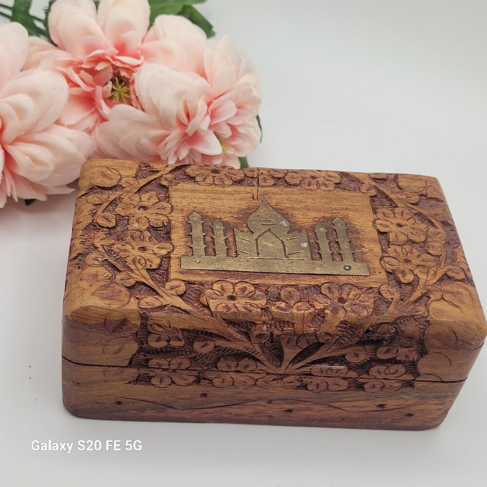 Vintage Hand Carved Wood Trinket Box With Brass Taj Mahal